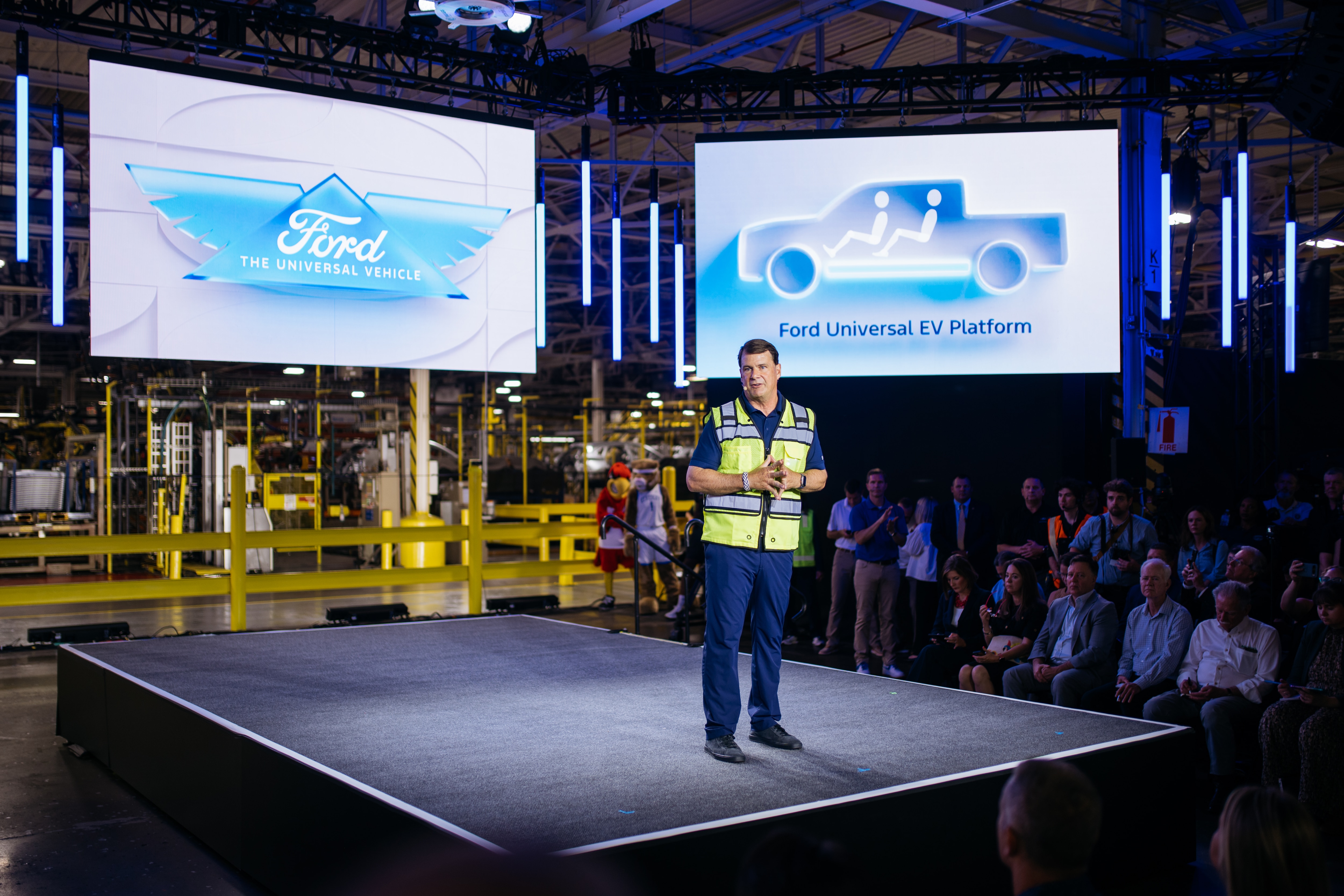 Ford President and CEO Jim Farley speaks at Louisville Assembly Plant as the company shares its plans to design and assemble breakthrough electric vehicles in America on August 11, 2025.